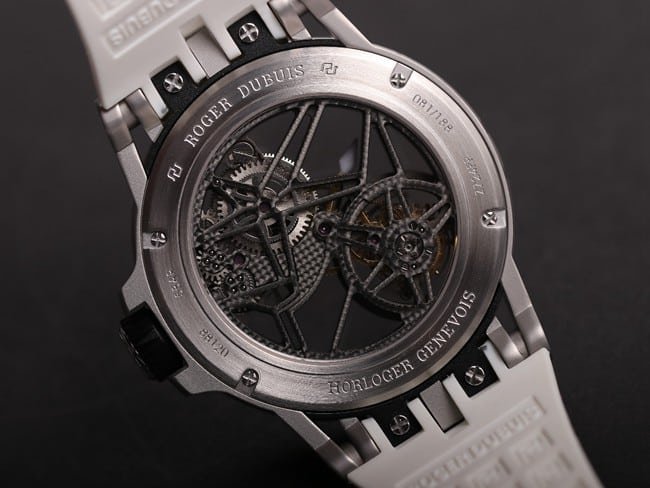 JB Factory Top Replica Watch Roger Dubuis Excalibur Series Automatic Mechanical Tourbillon Black Dial White Rubber Strap Watch Movement Diagram