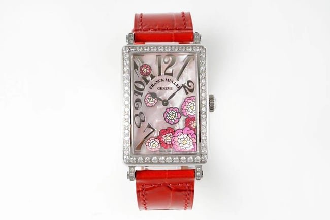 ZF Factory Frank Muller top-tier replica watch quartzLONG ISLAND series ladies white dial red band watch front view