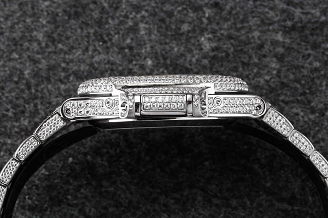 R8 factory top-tier replica watch Patek Philippe men's white dialsteel bracelet sport elegant baby's breath series automatic movement watch side view