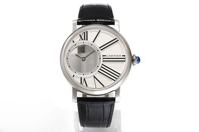 top-tier replica watch Cartier men's white dial black belt fully automatic movementleather strap watch front view