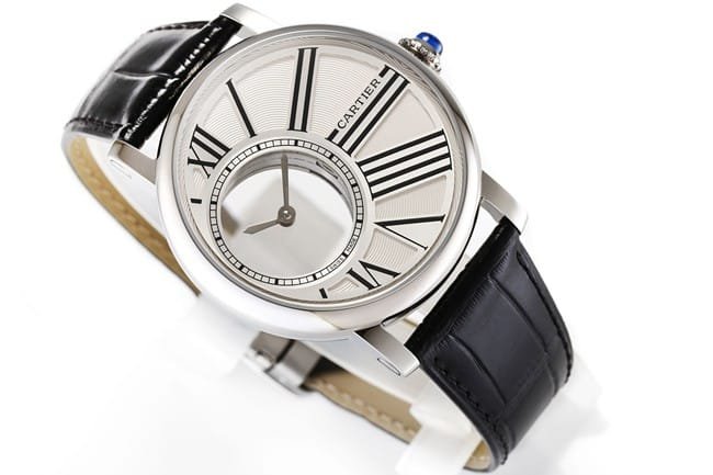 top-tier replica watch Cartier men's white dial black belt fully automatic movementleather strap watch front view