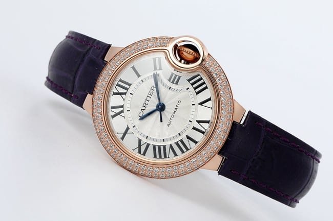 V6 factory Cartiertop-tier replica watch blue balloon series 33mm automatic movementwhite dial blue belt ladies watch front view