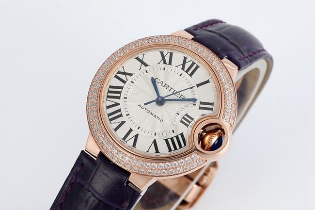 V6 factory Cartiertop-tier replica watch blue balloon series 33mm automatic movementwhite dial blue belt ladies watch front view
