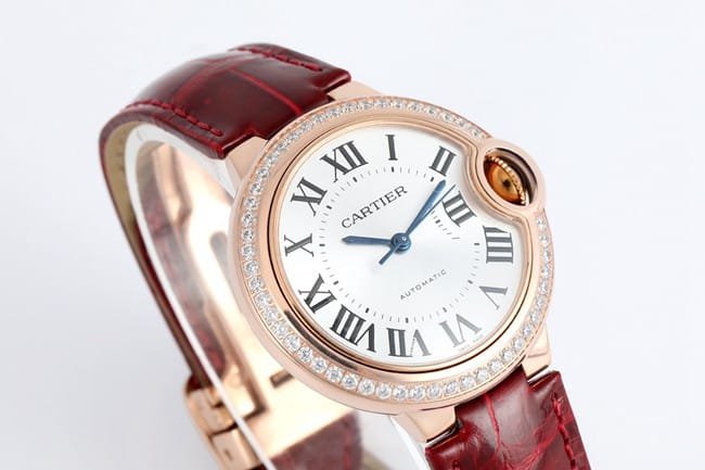 V6 factory top-tier replica watch Cartier automatic movement blue balloon series 33mm women's white dialleather strap watch front view