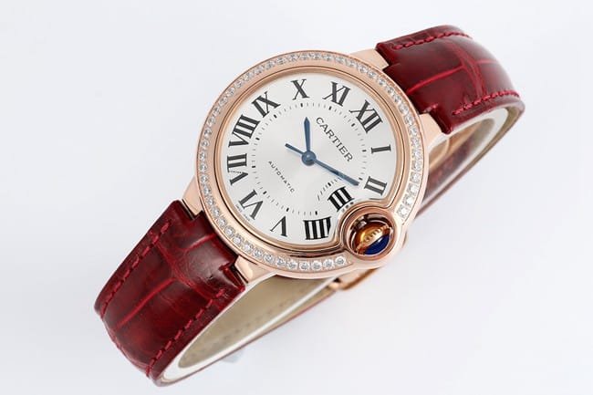 V6 factory top-tier replica watch Cartier automatic movement blue balloon series 33mm women's white dialleather strap watch front view