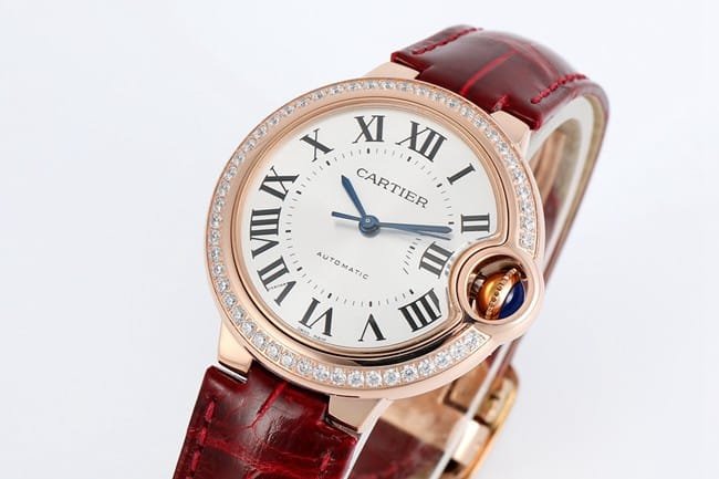 V6 factory top-tier replica watch Cartier automatic movement blue balloon series 33mm women's white dialleather strap watch front view