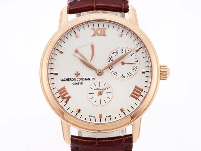 APEX factory top-tier replica watch Vacheron Constantin automatic movement men's white dial red strap inheritance series leather strap watch front view