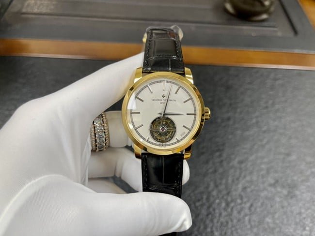Vacheron Constantintop-tier replica watch men's white dial black belt tourbillon mechanical leather strap watch front view