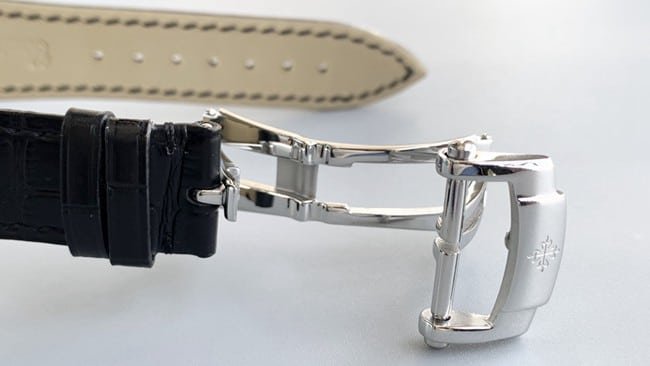 top-tier replica watch Patek Philippe men's white dial black belt automatic complex function series tourbillonleather strap watch clasp picture