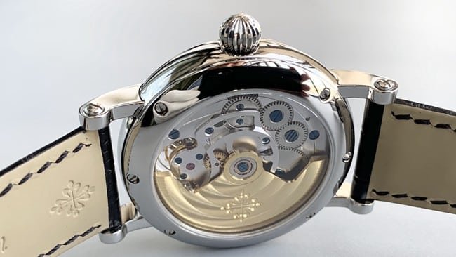 top-tier replica watch Patek Philippe men's white dial black belt automatic complex function series tourbillonleather strap watch movement picture