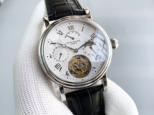 top-tier replica watch Patek Philippe men's white dial black belt automatic complex function series tourbillonleather strap watch front view
