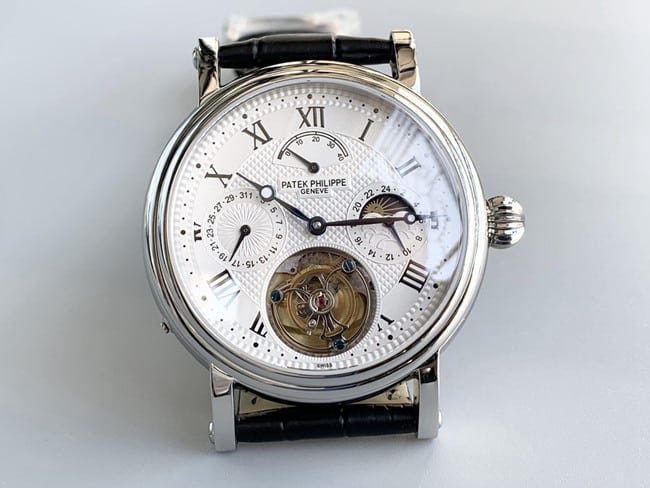 top-tier replica watch Patek Philippe men's white dial black belt automatic complex function series tourbillonleather strap watch front view