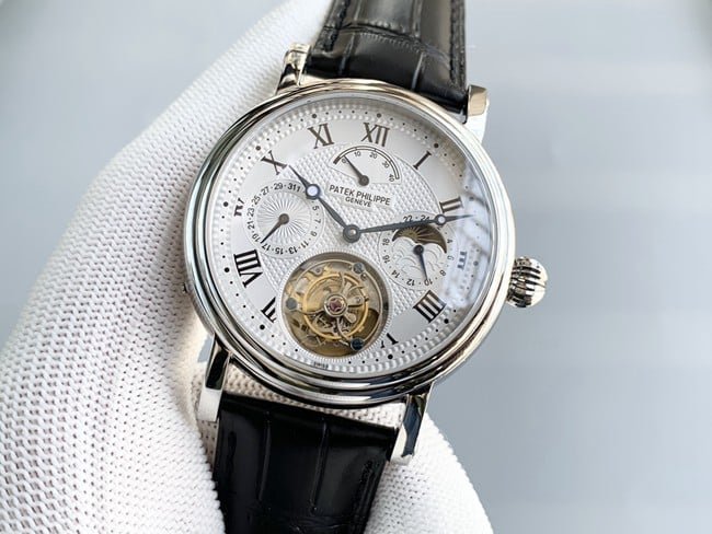 top-tier replica watch Patek Philippe men's white dial black belt automatic complex function series tourbillonleather strap watch front view
