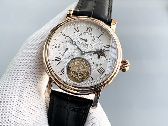 Patek Philippetop-tier replica watch automatic complex function series tourbillon men's black belt manual mechanical leather strap watch front view