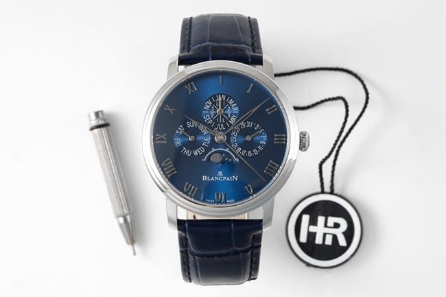 Top replica watch Blancpain men's blue dial blue strap classic series manual mechanical leather strap watch front view