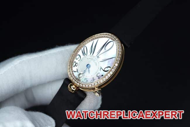 ZF Factorytop-tier replica watch Breguet Naples ladies' watchwhite dial black belt diamond-set mother-of-pearl full automatic movement watch front view