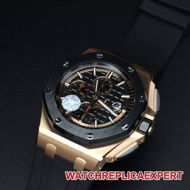 JF factory top-tier replica watch Audemars PiguetRoyal Oak offshore series 26401RO.OO.A002CA.02 men's black dialrubber strapautomatic movementchronograph stopwatch front view
