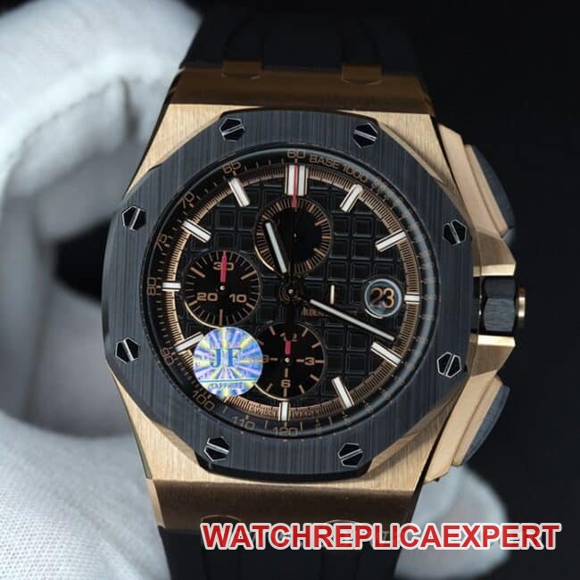 Audemars Piguet Royal Oak Offshore JF Factory 1:1 Super Clone masculino mostrador preto rosa ouro cronógrafo mecânico automático elástico elástico 26401RO.OO.A002CA.02 — detailed review and buying guide | Watch Replica Expert