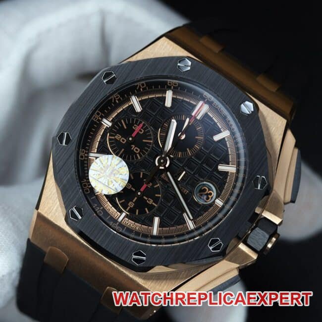 JF factory top-tier replica watch Audemars PiguetRoyal Oak offshore series 26401RO.OO.A002CA.02 men's black dialrubber strapautomatic movementchronograph stopwatch front view