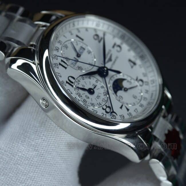 KL factory top-tier replica watch Longines famous craftsman series eight-pin moon phase 40 diameter steel bracelet men's white dial automatic movement watch side view