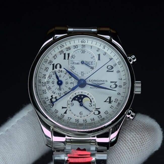 KL factory top-tier replica watch Longines famous craftsman series eight-pin moon phase 40 diameter steel bracelet men's white dial automatic movement watch front view