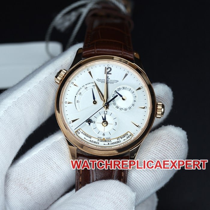 ZF Jaeger-LeCoultre Master Top Réplica de relógio masculino 1422521 com escovação radial branco-prateada, marcadores de horas luminosos e design de fuso horário duplo em ouro rosa — luxury replica watch guide | Watch Replica Expert