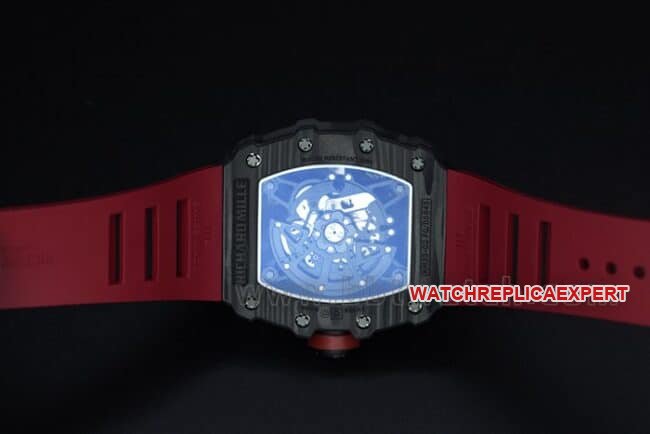 top-tier replica watch Richard Millerm53 carbon fiber men's black dial red strap hollow mechanical watch front view