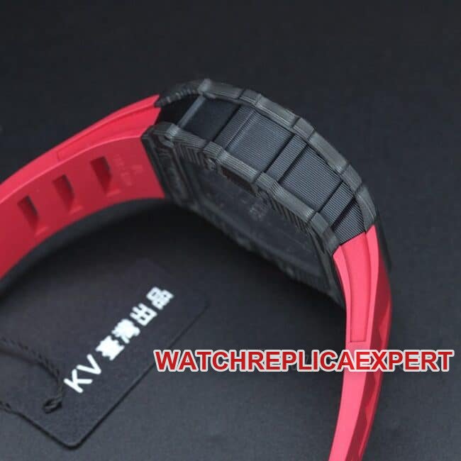 top-tier replica watch Richard Millerm53 carbon fiber men's black dial red strap hollow mechanical watch side view