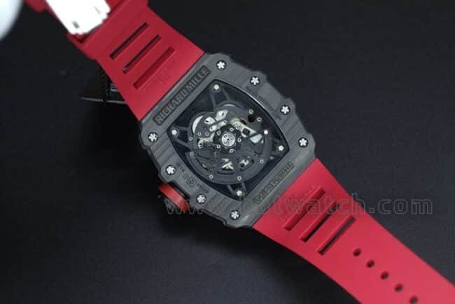 top-tier replica watch Richard Millerm53 carbon fiber men's black dial red strap hollow mechanical watch movement picture