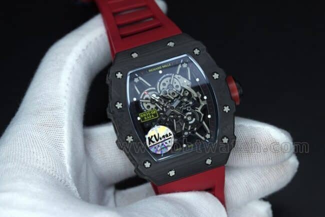 top-tier replica watch Richard Millerm53 carbon fiber men's black dial red strap hollow mechanical watch front view