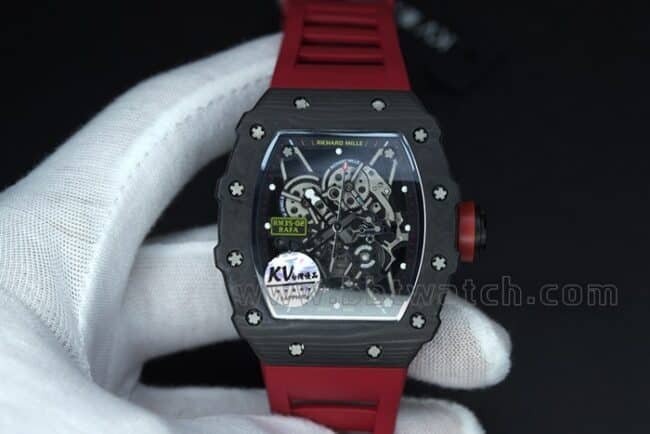 top-tier replica watch Richard Millerm53 carbon fiber men's black dial red strap hollow mechanical watch front view