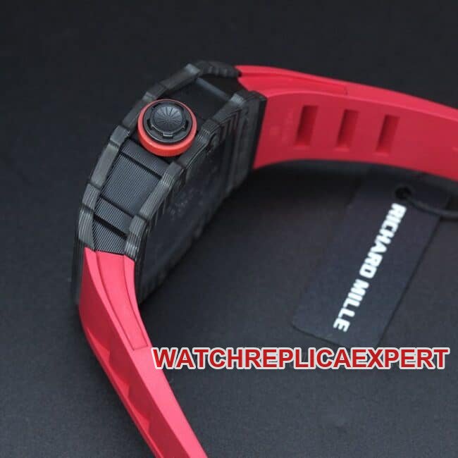 top-tier replica watch Richard Millerm53 carbon fiber men's black dial red strap hollow mechanical watch side view