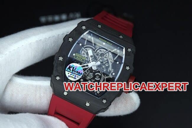 top-tier replica watch Richard Millerm53 carbon fiber men's black dial red strap hollow mechanical watch front view