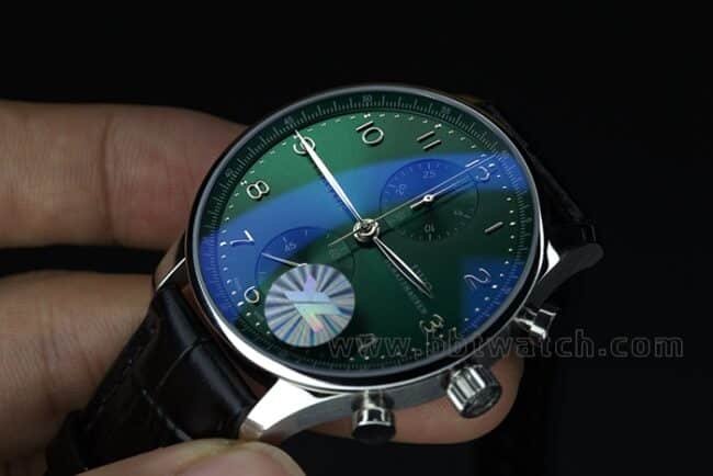 YL factory top-tier replica watch IWC green Portuguese watch 150th anniversary commemorative model men's green dial black belt full automatic movement see-through bottom leather strap watch side view