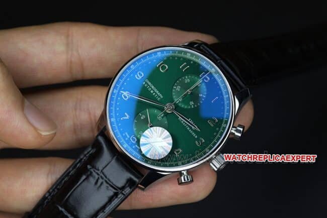 YL factory top-tier replica watch IWC green Portuguese watch 150th anniversary commemorative model men's green dial black belt full automatic movement see-through bottom leather strap watch front view