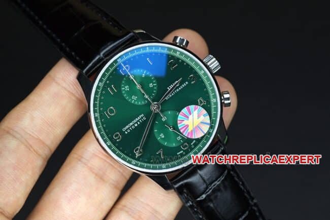 YL factory top-tier replica watch IWC green Portuguese watch 150th anniversary commemorative model men's green dial black belt full automatic movement see-through bottom leather strap watch front view