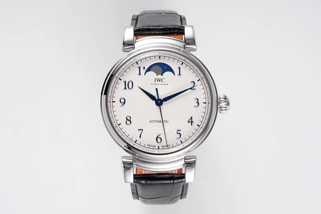AI factory IWC top-tier replica hand expression Vinci classic moon phase men's black dial black belt mechanical watch front view