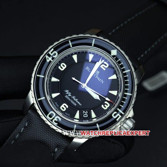 ZF FactoryBlancpain watch fifty fathoms top-tier replica men's black dial nylon strap mechanical movement front view