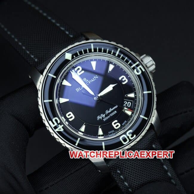 ZF FactoryBlancpain watch fifty fathoms top-tier replica men's black dial nylon strap mechanical movement front view