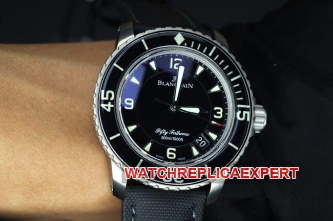 ZF FactoryBlancpain watch fifty fathoms top-tier replica men's black dial nylon strap mechanical movement front view