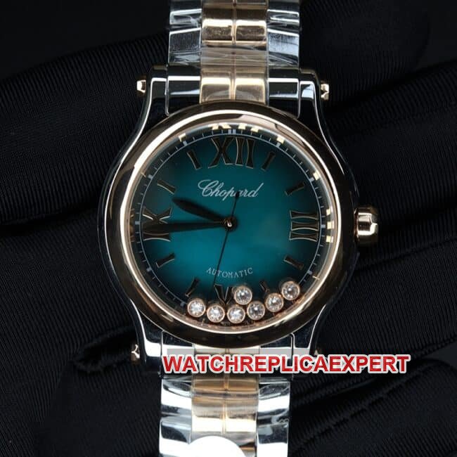Fábrica YF Chopard feminino HAPPY SPORT 1:1 super A imitação de relógios disco azul e verde 7 diamantes ativos entre modelos com pulseira de aço dourado — luxury replica watch guide | Watch Replica Expert