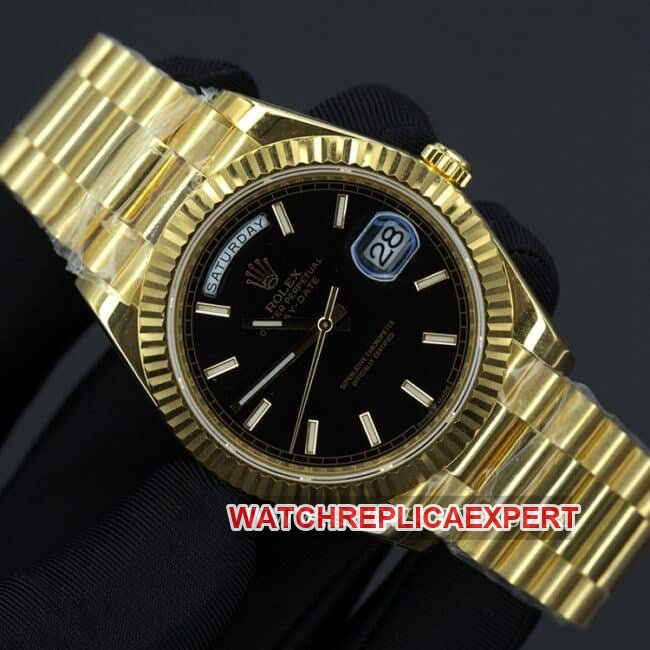 Rolex top replica watches men's black plate gold band double calendar automatic mechanical front view