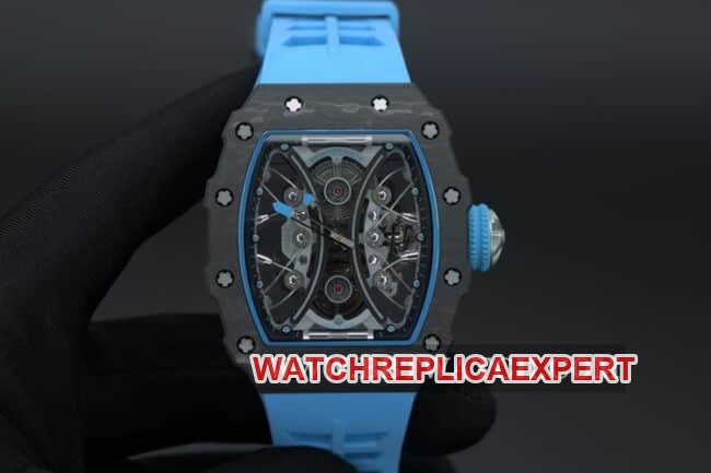 JB fábrica Richard Mille RM53-01 masculino 1:1 super A super clone relógios de fibra de carbono mostrador preto cinto de borracha azul turbilhão mecânico automático — luxury replica watch guide | Watch Replica Expert