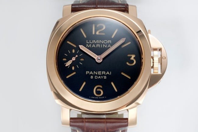 Paneraitop-tier replica manual winding mechanical men's black dial brown belt watch front view