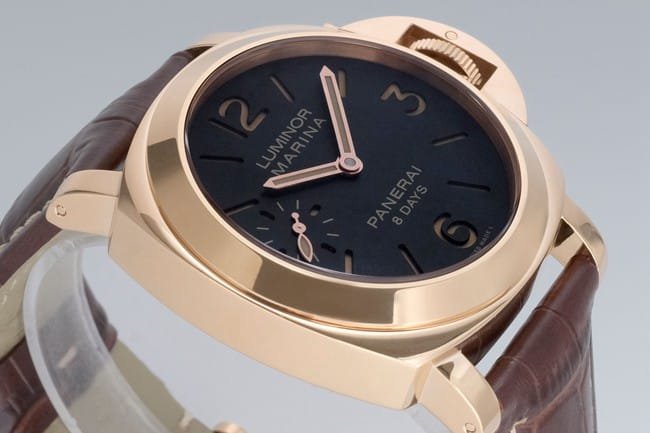 Paneraitop-tier replica manual winding mechanical men's black dial brown belt watch front view