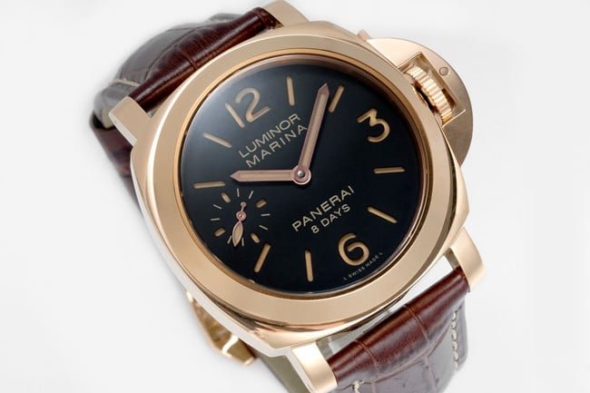 Paneraitop-tier replica manual winding mechanical men's black dial brown belt watch front view