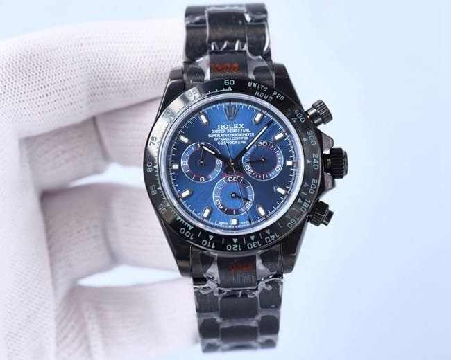 Rolextop-tier replica automatic multifunctional carbon black Di men's blue dialsteel bracelet mechanical watch front view