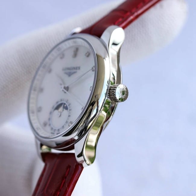 Longinestop-tier replica watch ladies white dial red strap famous craftsman series fully automatic movementleather strap side view