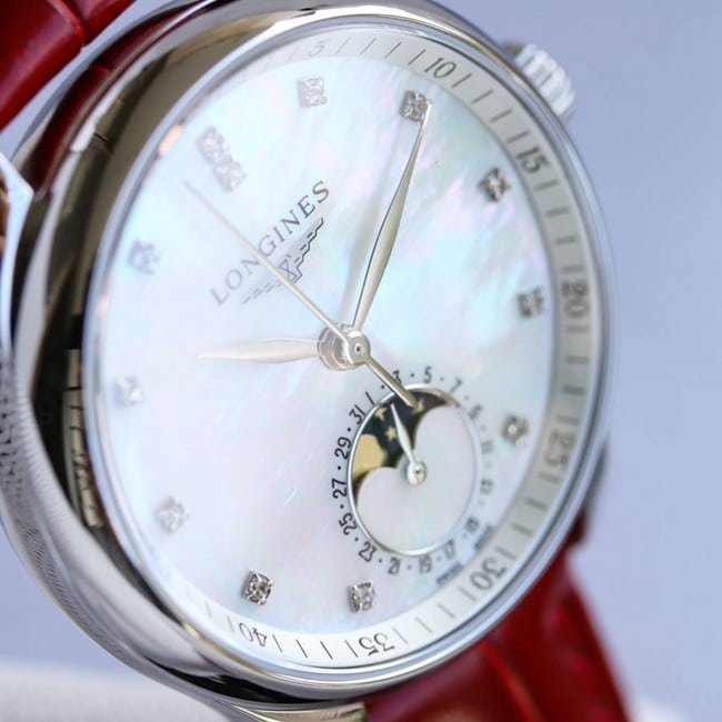 Longinestop-tier replica watch ladies white dial red strap famous craftsman series fully automatic movementleather strapdetail shots