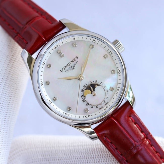 Longinestop-tier replica watch ladies white dial red strap famous craftsman series fully automatic movementleather strap front view